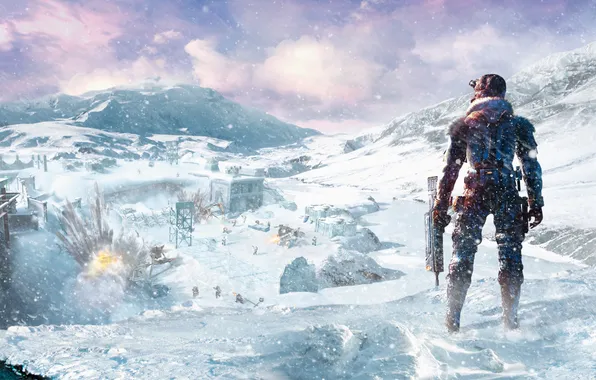 Picture the sky, snow, the explosion, base, machine, Capcom, Wayne, Lost Planet: Extreme Condition