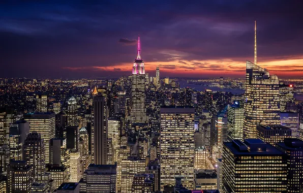 City, Clouds, Sky, Purple, New York, Night, Empire State Building, Architecture