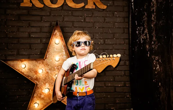 Star, guitar, child, boy, glasses, guitar, musician, style