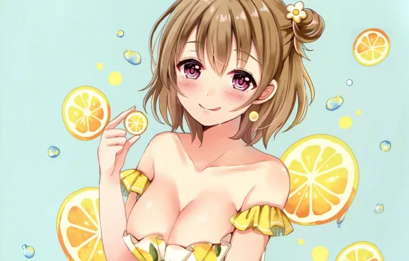 Smile, neckline, blush, blue background, water drops, bangs, lemon slices, by Sakura Hiyori