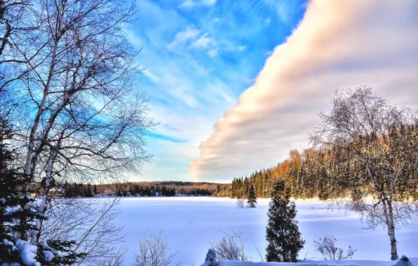 Canada, Winter, Water, Snow, clouds, Dawn, Blue sky, North wood