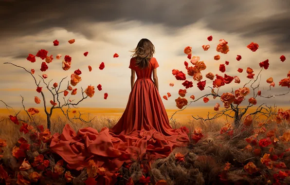 Field, the sky, girl, flowers, branches, clouds, roses, red