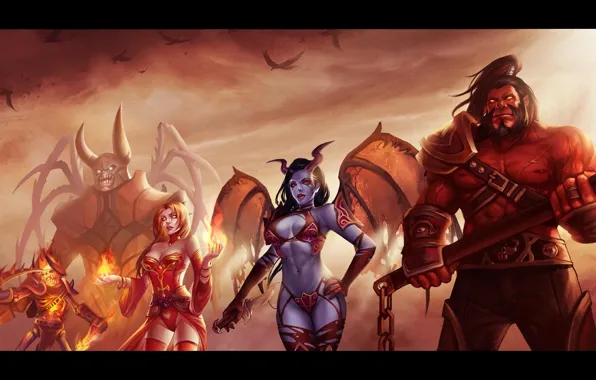 Girl, Fire, heroes, Art, Male, Art, Skeleton, Dota 2