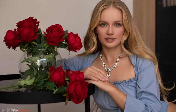 Look, girl, flowers, face, pose, portrait, roses, hands