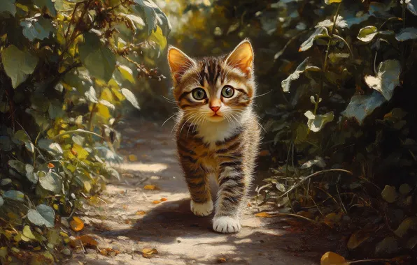 Cat, look, leaves, light, pose, kitty, garden, face