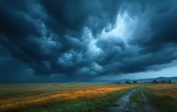 Road, field, the sky, clouds, clouds, dal, space, AI art