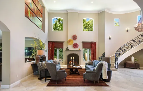 Sofa, Windows, ladder, fireplace, mansion, luxury, design, living room