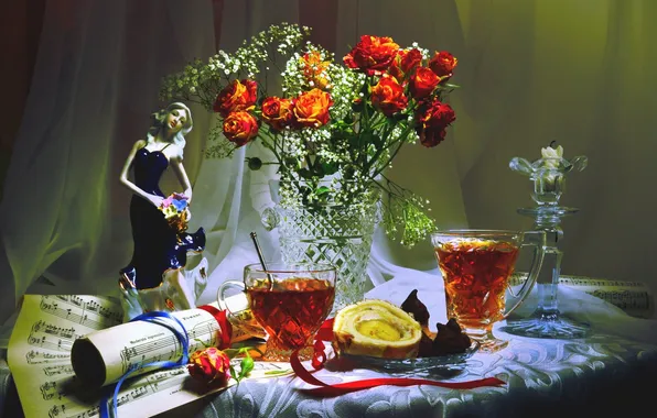 Flowers, notes, tea, roses, bouquet, still life