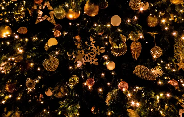 Stars, balls, snowflakes, lights, the dark background, holiday, balls, Christmas