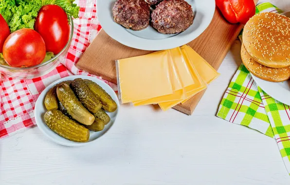 Cheese, vegetables, cucumbers, buns, burgers