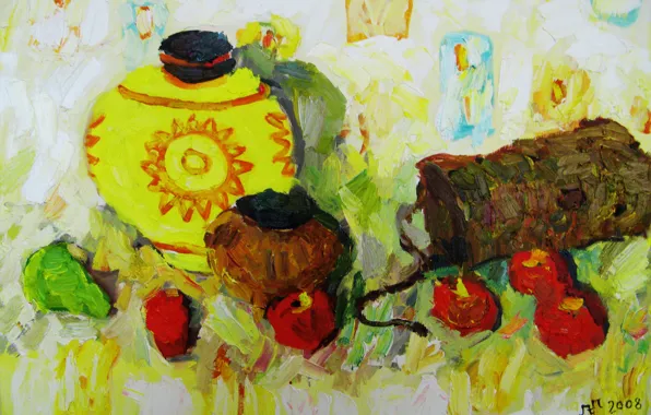 Apples, 2008, pear, pitcher, still life, bucket, The petyaev