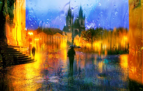 Drops, night, rain, Prague, Czech Republic