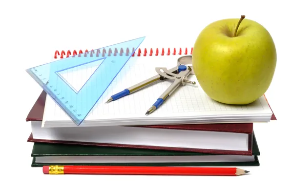 Books, Apple, white background, pencil, notebook, line, the compass, accessories