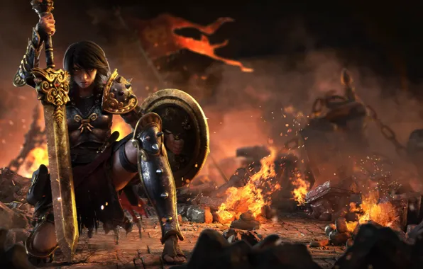 Picture sword, game, armor, woman, ken, blade, shield, Smite