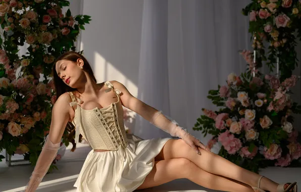 Girl, flowers, pose, skirt, hands, gloves, corset, legs