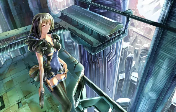 Picture girl, the city, gun, weapons, art, blue+