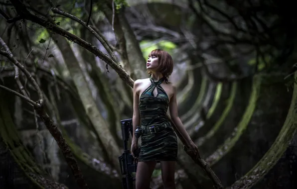 Girl, weapons, pomegranate, the ruins, Asian, assault rifle
