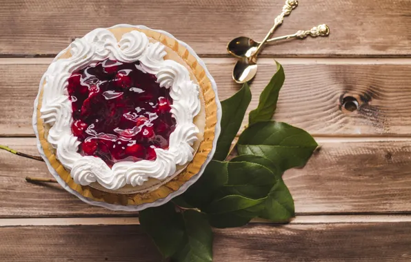 Cake, cake, cream, dessert, wood, leaves, sweet, cherry