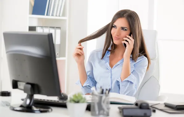 Girl, face, table, hair, monitor, the conversation, office, Secretary