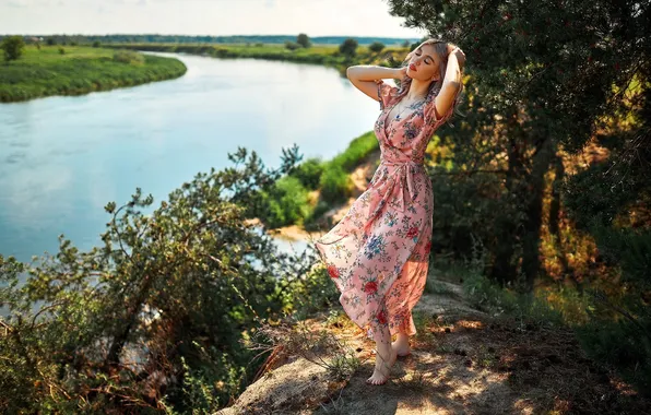 Girl, trees, nature, river, barefoot, dress, hill, the bushes