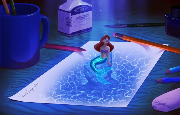 Picture paper, pen, figure, pencils, mug, ink, Ariel, the little mermaid