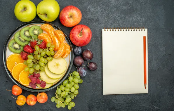 Notepad, fruit, different, cuts