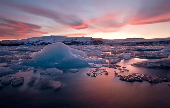 Ice, snow, sunset, the evening, Iceland