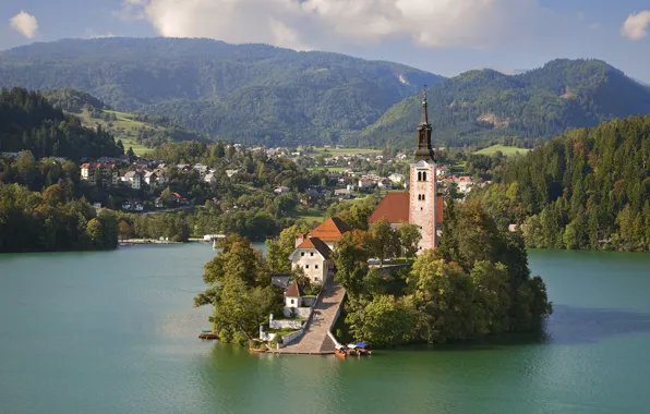The city, lake, Church, Lake Bled, Slovenia