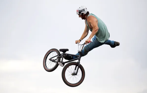 Picture the sky, bike, pose, jump, jeans, Mike, helmet, male