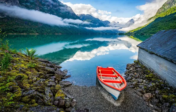 Clouds, landscape, mountains, nature, shore, boat, Norway, the fjord