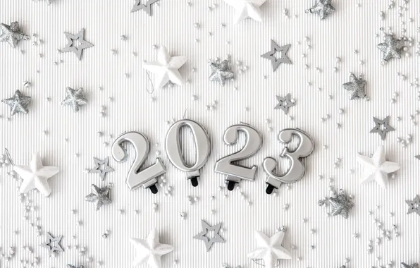 Figures, white background, New year, stars, date, 2023, New Year 2023