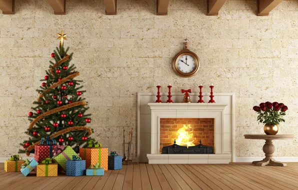 Picture rendering, roses, Watch, New Year, Board, Tree, Fireplace, Interior