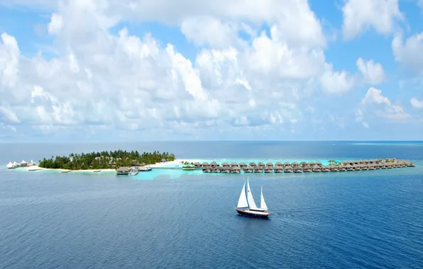 The ocean, island, sailboat, The Maldives, the hotel