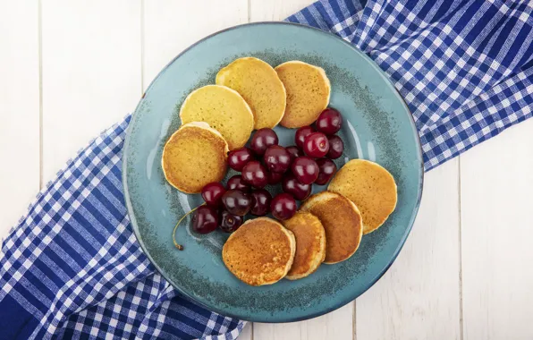 Cherry, berries, Board, towel, plate, cherry, pancakes, pancake