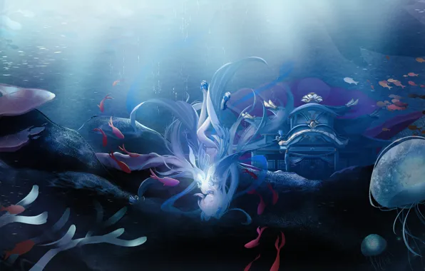 Girl, fish, kit, jellyfish, under water, Genshin Impact, Sangonomiya Kokomi