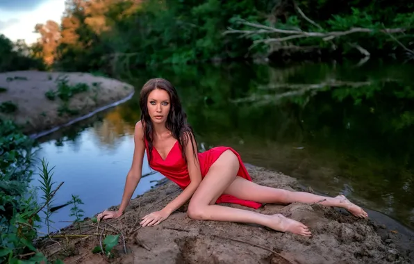 Picture look, girl, nature, pose, river, brunette, legs, red dress
