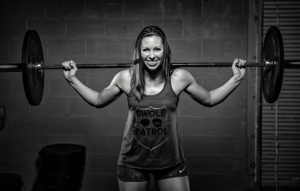 Picture smile, black and white, fitness, weight bar, weightlifter