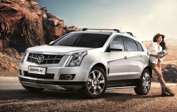 Road, the sky, girl, rocks, Cadillac, silver, jeep, crossover