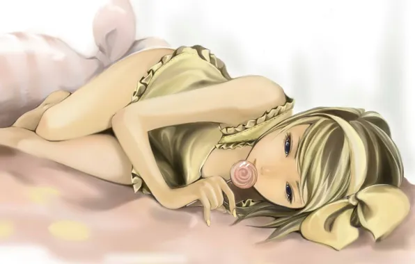 Girl, bed, Lollipop, vocaloid, kagamine rin, Vocaloid, lying