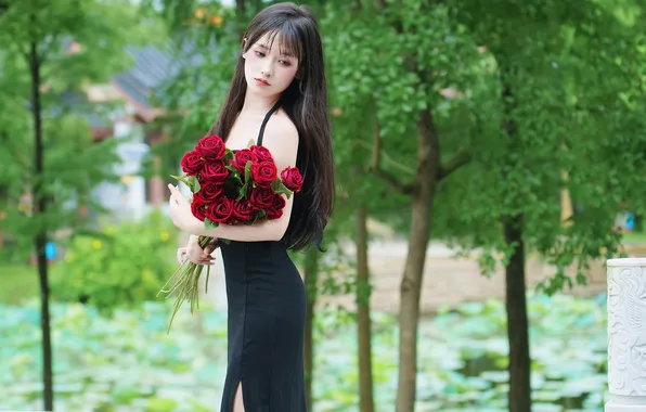 Beautiful, Asian, Model, Flower, Roses, Woman, Bouquet, Cute