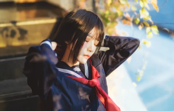 Beautiful, Asian, Model, Woman, Cute, Pretty, Closed Eyes, Uniform