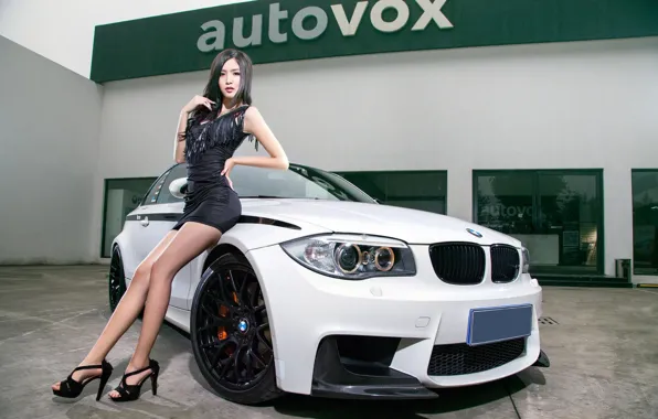 Girls, BMW, Asian, beautiful girl, white car, beautiful dress, vhglyad, posing on the car