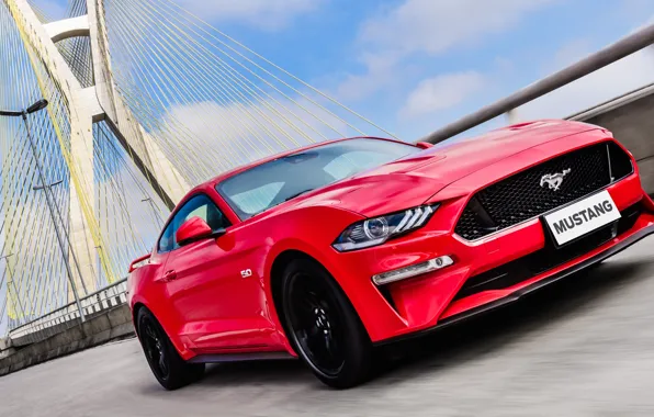 Red, bridge, speed, Ford, Fastback, 2018, Mustang GT