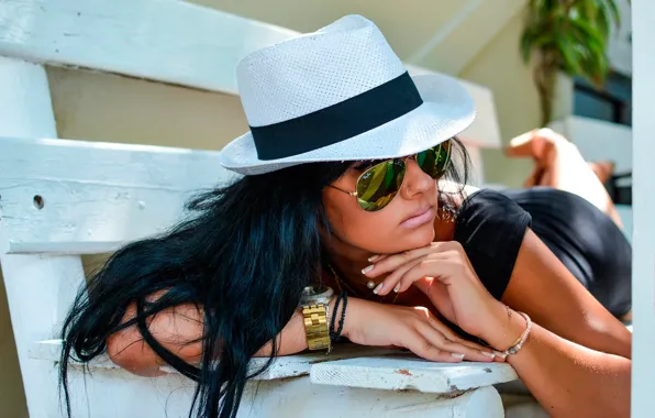 The sun, decoration, hat, makeup, dress, piercing, brunette, glasses