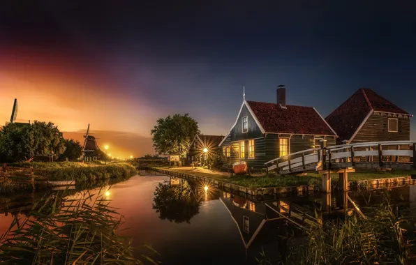 Light, the city, the evening, channel, house, Netherlands, the bridge