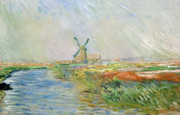 Picture landscape, river, picture, channel, Claude Monet, windmill, Field of Tulips in Holland