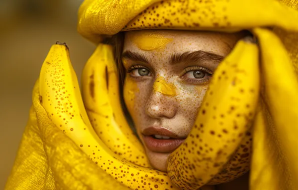 Summer, look, girl, light, face, pose, portrait, bananas