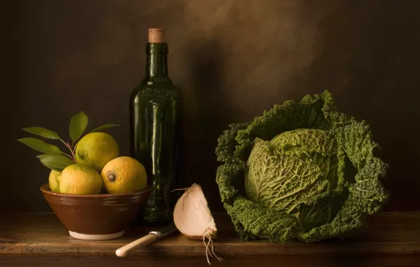 Bottle, still life, cabbage, lemons
