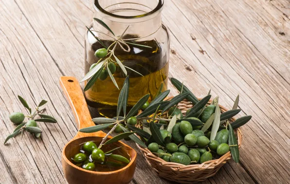Oil, olives, leaves, twigs