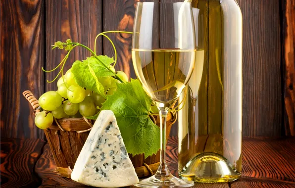 Leaves, table, wine, white, glass, bottle, cheese, grapes